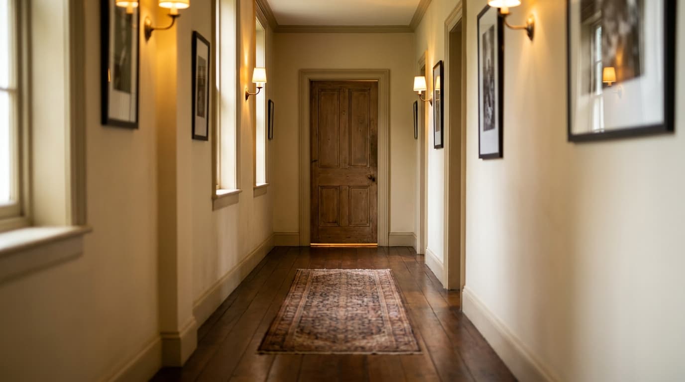 A view down a softly lit hallway toward a closed bedroom door at the far end