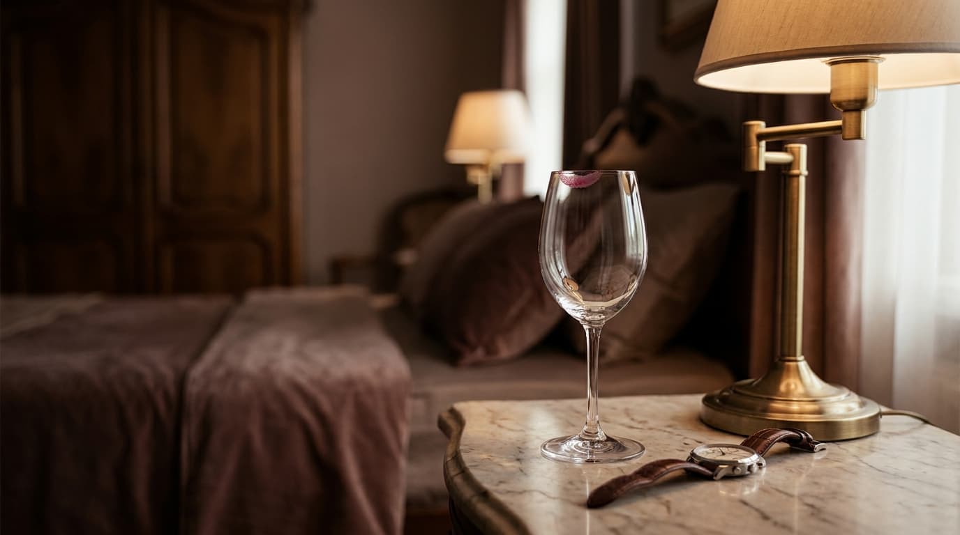 A single empty wine glass with a smudge of red lipstick beside an unworn man's wristwatch on a marble nightstand