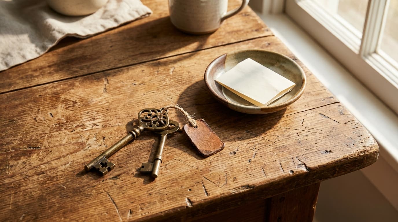 Two ornate brass keys with a leather tag on a worn wooden farmhouse table, lit by morning sun from a nearby window