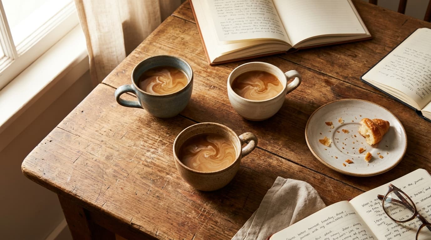 Three different ceramic coffee cups with cream swirls on a rustic wooden kitchen table, with open journals and morning sunlight