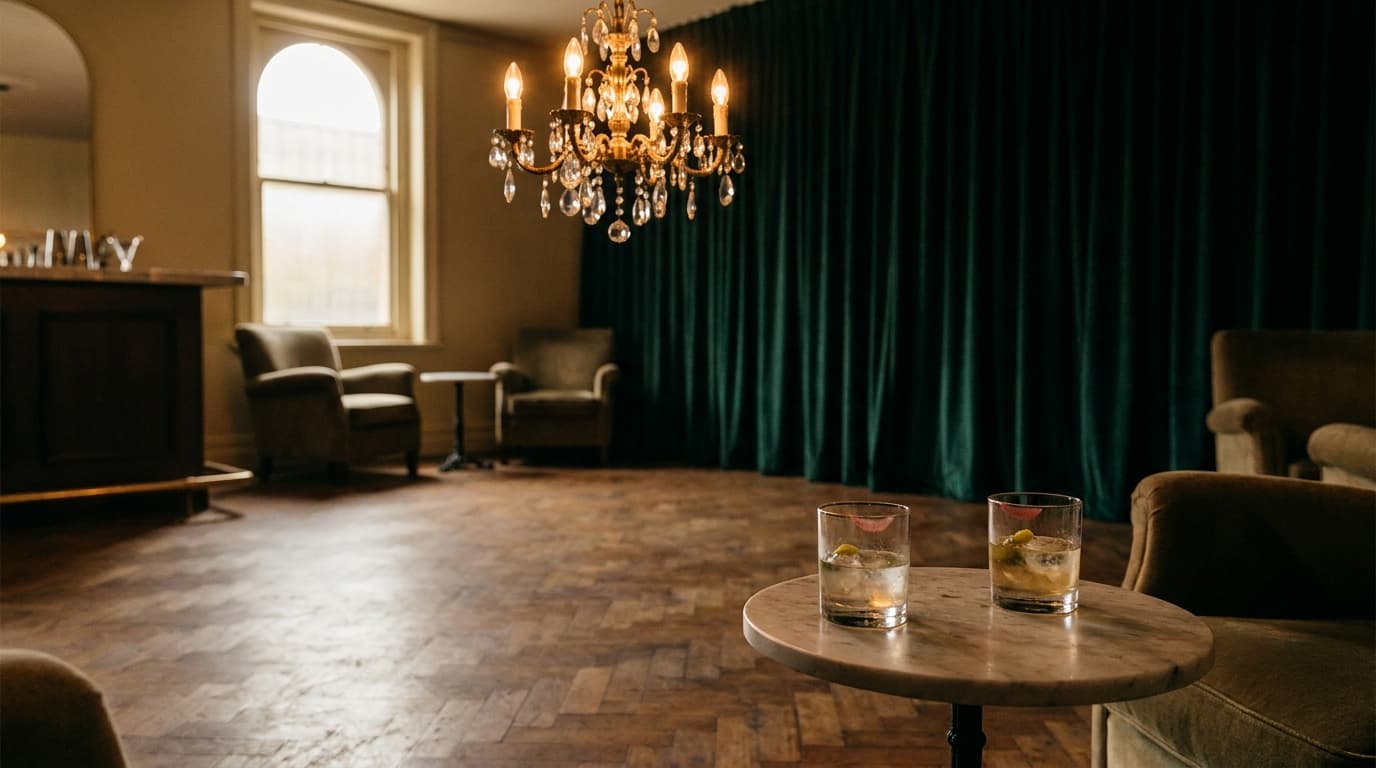 A vintage chandelier above an empty parquet dance floor at 2 AM, with two abandoned cocktail glasses on a marble side table