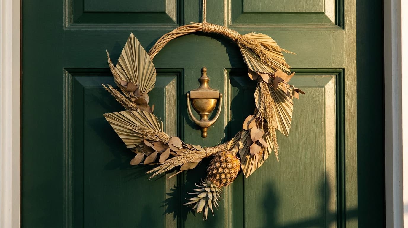 A minimalist wreath of dried tropical leaves and grasses with a small pineapple, hanging on a forest-green front door